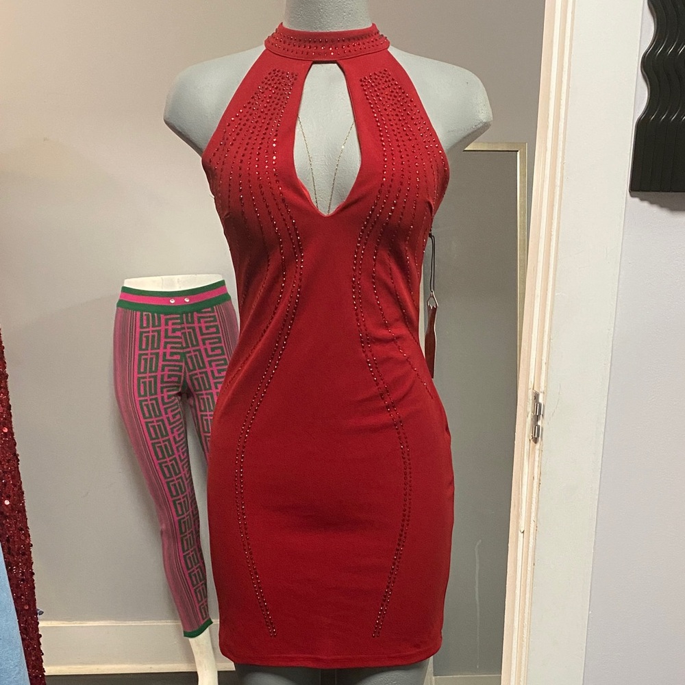 Haute Monde Red Backless Halter Dress